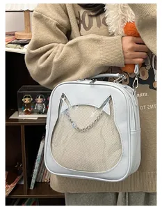 Detailed view of the cute cat ear transparent ita bag, showing PU leather and chain decor.