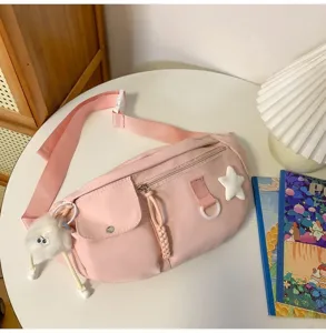 Sac de poitrine en nylon rose pour femmes, sac bandoulière décontracté avec pendentif et étoile.
