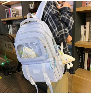 Light blue student backpack ita bag with transparent window, large capacity campus school bag.