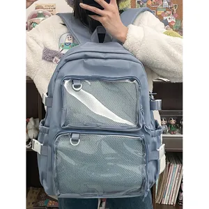 Blue clear ita backpack for anime pins, aesthetic school rucksack with double mesh pockets.