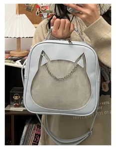 Cute Japanese style cat ear transparent ita bag PU leather shoulder crossbody mini backpack.