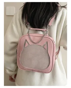 Japanese cute cat ita bag women pink PU mini backpack with transparent mesh window and chain.