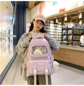 Lavender ita backpack detail shot with clear window pocket and cute plush pendants for daily use.