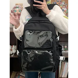 Black ita backpack detail view featuring clear double front pockets and D-ring charms.