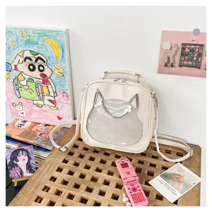 Cute white cat ita bag PU transparent window mini backpack crossbody bag for daily use