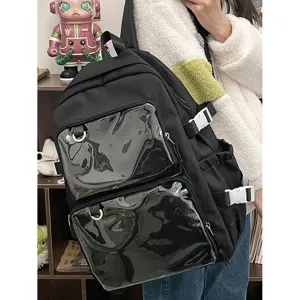 Black ita bag backpack for anime badges pins, transparent window pockets for daily school travel use.