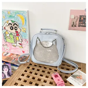 Detail view of Japanese cute cat transparent ita bag, PU leather, casual crossbody backpack.