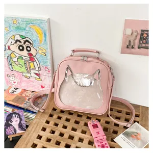 Pink PU cute cat ear transparent ita bag detail view, featuring clear front window and straps.