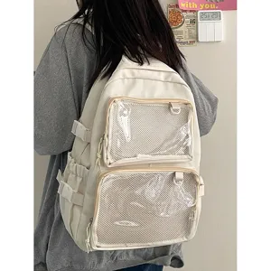 Japanese ins style transparent itabag canvas backpack with double mesh pockets for school girls.
