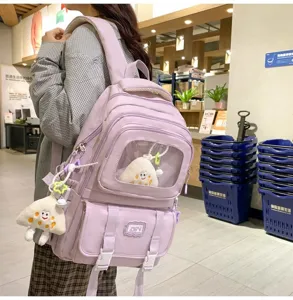 Casual aesthetic large capacity school backpack with clear window and cute plush pendants.