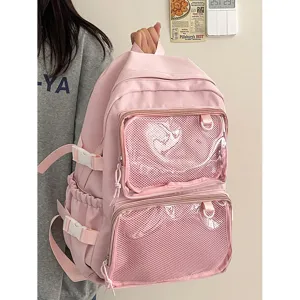 Pink ita backpack with clear mesh pockets, cute Japanese style school bag for student anime fans.