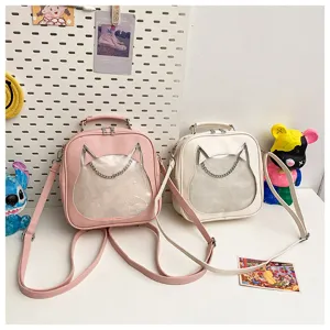 Cute Japanese cat ear transparent ita bag PU leather mini backpack crossbody handbag for women