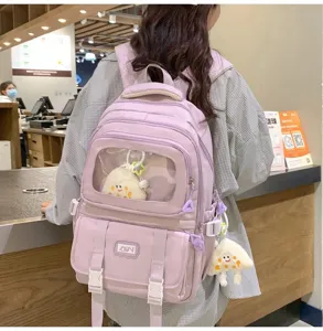Light purple canvas school backpack with clear front pocket pain bag design, student casual bag.