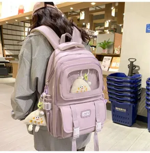 Purple canvas ita bag for student, large capacity school backpack with transparent window.