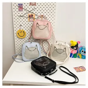 Cat transparent ita bag detail view, cute doll bag showcase with chain and display window.