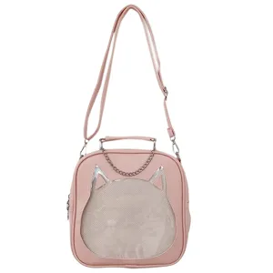 Detail shot of the pink PU leather cat ear transparent window ita bag with metal chain strap.