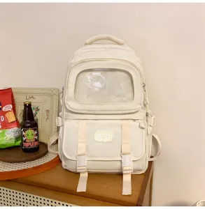 White canvas school ita backpack with transparent front window, large capacity casual bag.