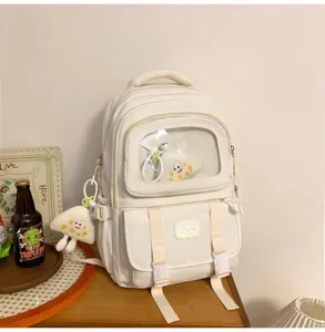 White ita backpack detailed view, transparent window, student school bag, large capacity.
