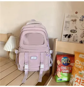 Cute pink ita bag student backpack with clear window, large capacity casual school daypack.