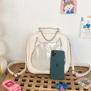 Detailed view of the cute cat ear transparent ita bag with PU material and multi-wear design.
