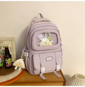 Purple student school bag with transparent window, large capacity casual backpack for daily use.