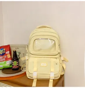 Casual yellow school backpack with clear front window, multi-pocket stylish daypack for students