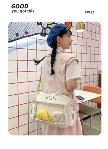 Cute cat ita bag with transparent window, canvas crossbody bag for anime fans and daily casual wear.