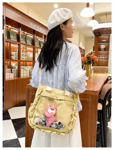 Japanese anime ita bag cute canvas shoulder bag with clear window and pink plush toy for girls