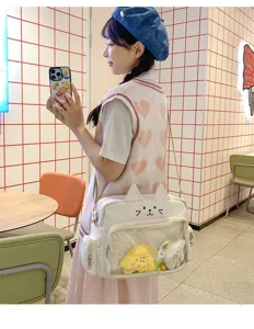 White cat ita bag JK style cute crossbody bag clear window daily student shoulder bag