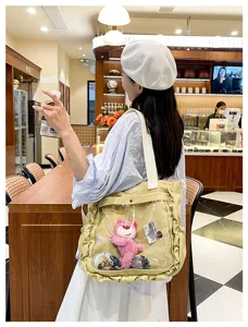 Japanese style clear window itabag tote canvas shoulder bag with cute pink cartoon bear