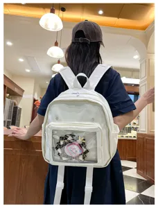 Detail view of the white Japanese style itabag backpack with a clear window and cute badges.