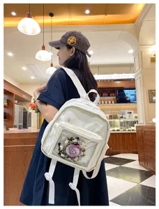 White ita backpack detail showing clear front pocket with anime badges and bows.