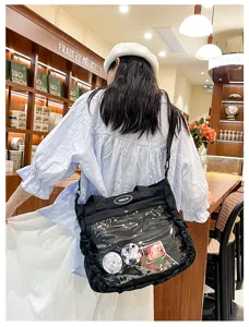 Cute Japanese anime ita bag with clear window, black canvas shoulder bag for women daily use.
