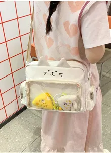 Cute cat ita bag with clear pocket and plush pendants, sweet girl daily messenger bag for students.