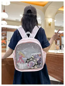 Pink clear window ita backpack for anime pins and plushies, cute japanese style bag.