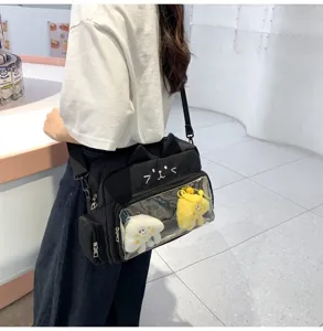 Cute black cat ita bag with clear window, perfect for daily commuting and anime fans.