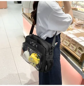 Black cute cat ita bag with clear window, canvas shoulder crossbody bag for daily student use.