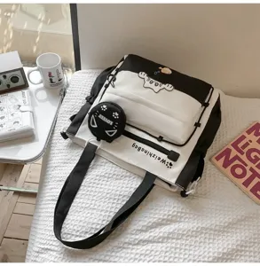 Μαύρη και λευκή τσάντα ώμου από καμβά με χαριτωμένο πορτοφόλι γάτας, μεγάλη τσάντα για μαθητές.
