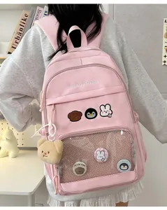 Ροζ ιαπωνικό σχολικό σακίδιο πλάτης Ita bag με διαφανές παράθυρο και αρκουδάκι.