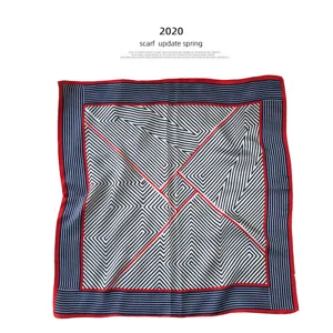 Spring geometric silk scarf for men, stylish square neckerchief with blue and red stripes.