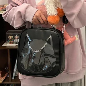 Japanese cute cat transparent ita bag PU mini backpack casual crossbody doll bag for women