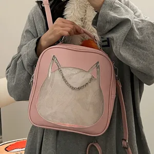 Pink cute cat ear ita bag transparent window PU leather shoulder crossbody backpack mini daypack