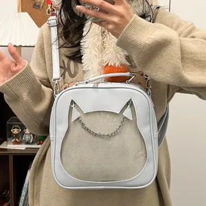 Cute cat transparent ita bag for women, PU leather mini backpack, sweet casual crossbody bag with mesh window.