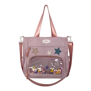 Ροζ τσάντα ώμου ita bag με διαφανές παράθυρο και μπαλώματα με αστέρια για γυναίκες