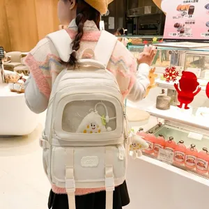 White ins-style ita backpack with transparent front window pocket, large capacity school bag.