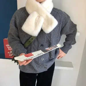 White plush cross scarf for women, soft winter warm faux fur collar dickey neck warmer.