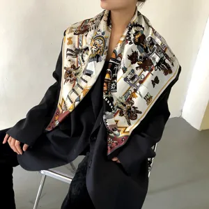 Luxury mulberry silk square scarf for women, elegant tribal printed designer shawl and neckerchief.