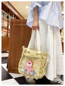 Cute Japanese anime ita bag with transparent window, canvas tote and crossbody style.
