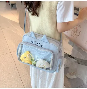 Detailed view of the cute light blue cat ita bag with clear window and plush pendants.