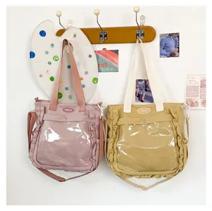 Kawaii canvas ita bag transparent front pocket cute Japanese shoulder tote bag for women